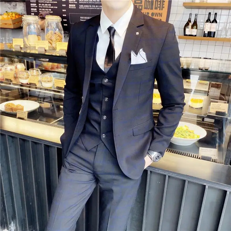 Men's British Three-piece Set Slim Fit Suit Vest Trousers Ensemble Handsome All-in-one