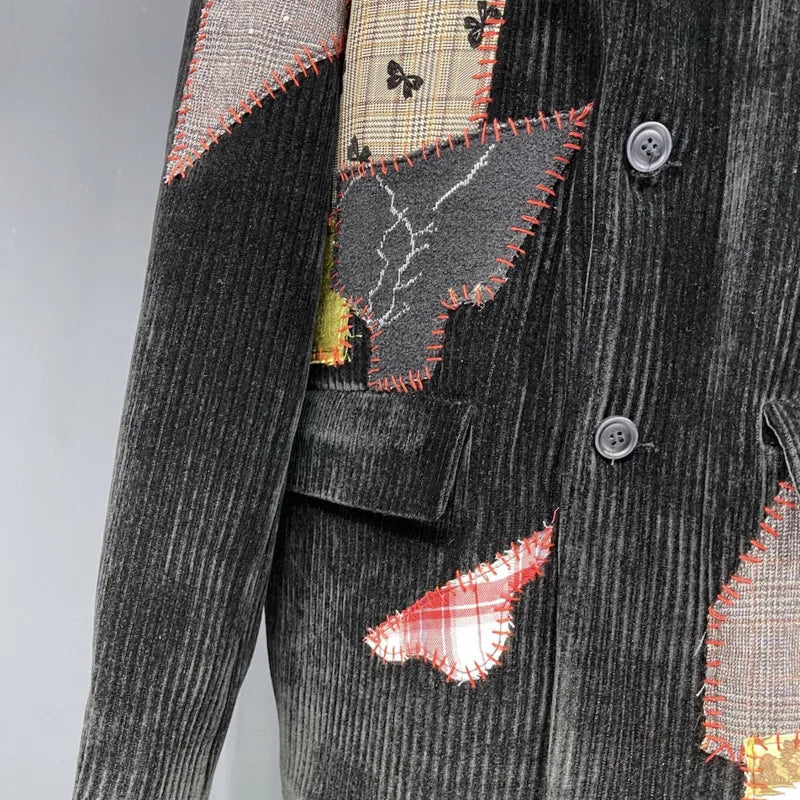 Man Tide Corduroy Patchwork Design Large Long Sleeve Suit-Coats Niche Chic Blazer