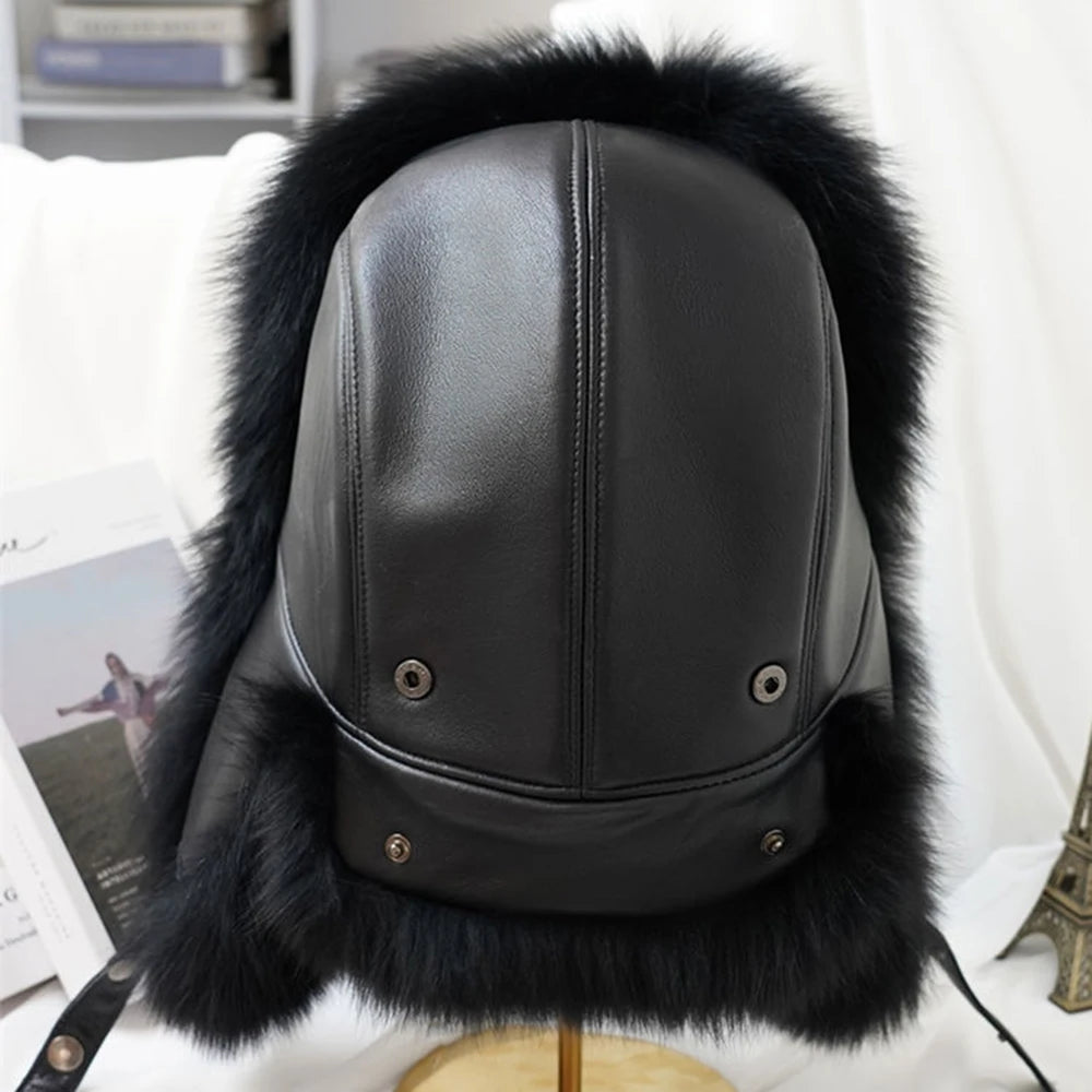 Men's 100% Real Fox Fur Bomber Ushanka Russian Ski Hats Caps Real Leather