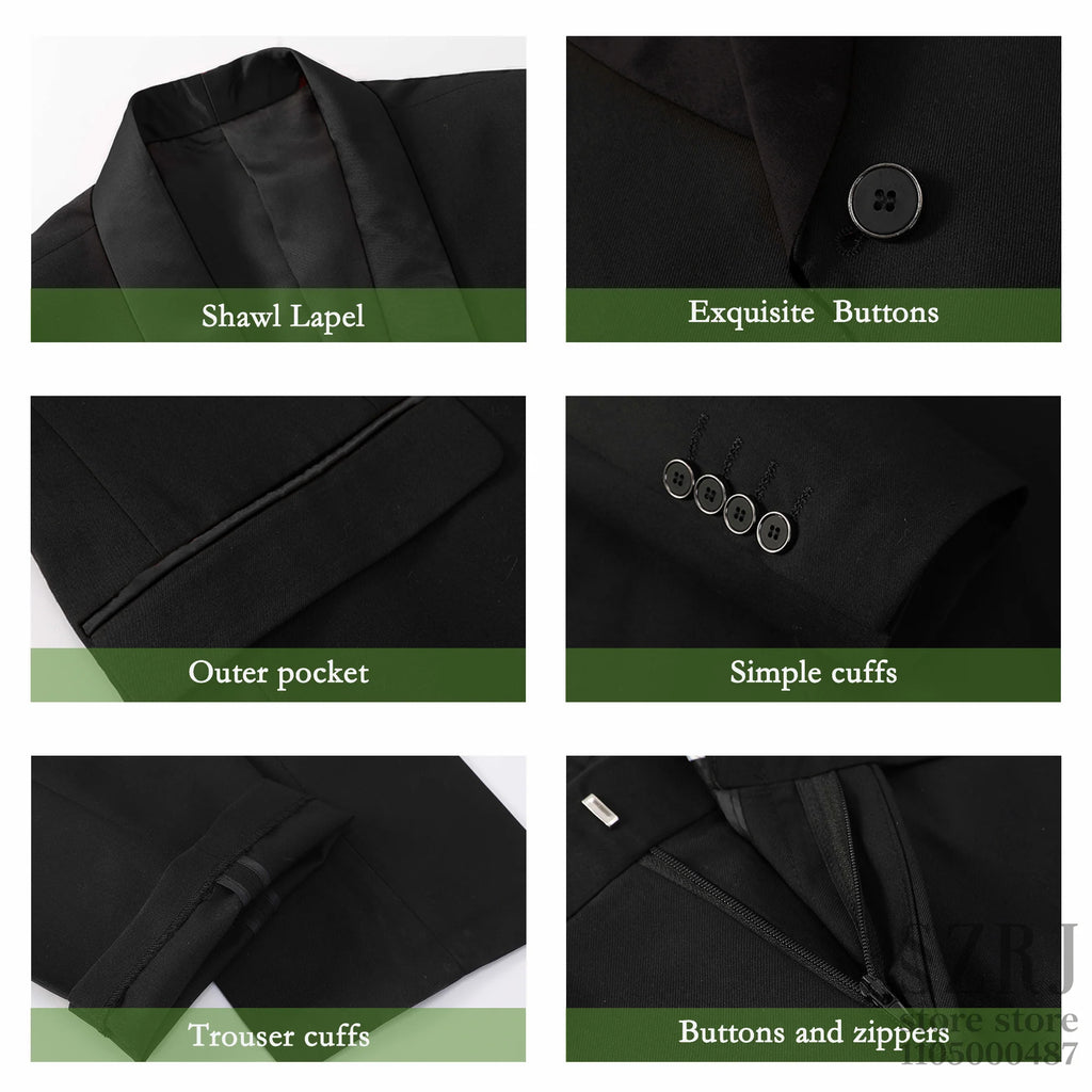 Men's 4pcs Tuxedo Suit: Jacket, Vest, Dress Pants &Pocket Square