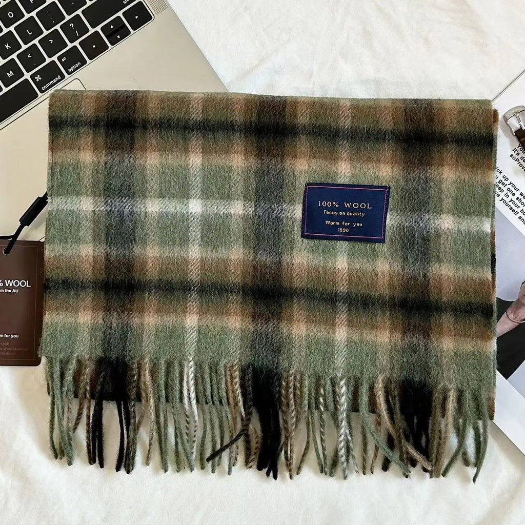 Men 100% Wool Plaid Muffler Cashmere Windproof Stripe Tassel Shaw Thick Scarf