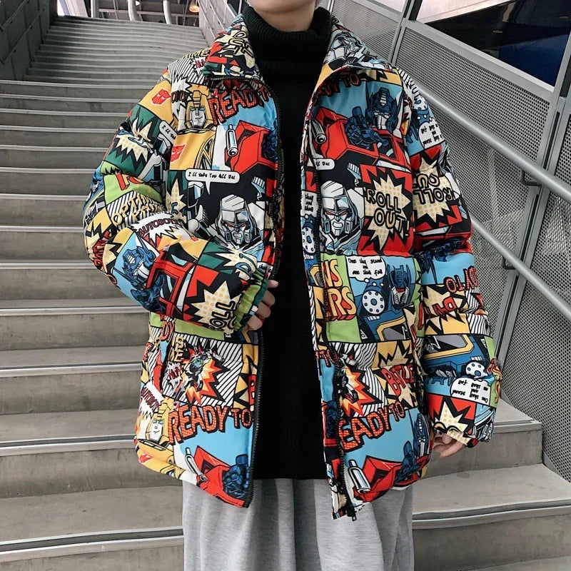 Graffiti Cartoon Print Parkas Streetwear Harajuku Men's Zipper Cotton Padded Jacket