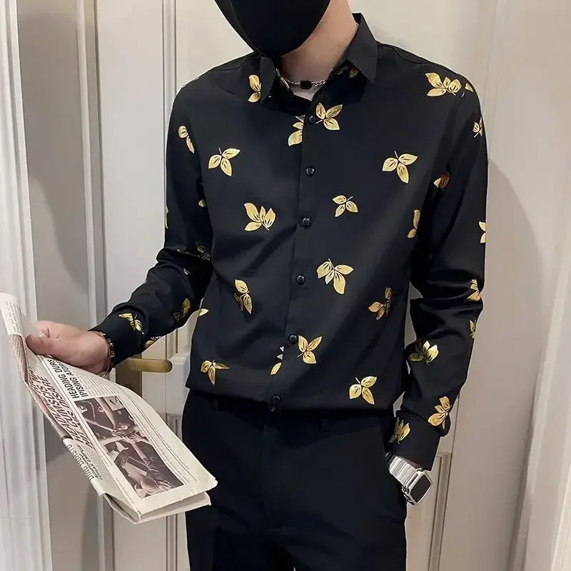 Shirts Graphic Printed Men's Shirt Korean Style Slim Fit Tops