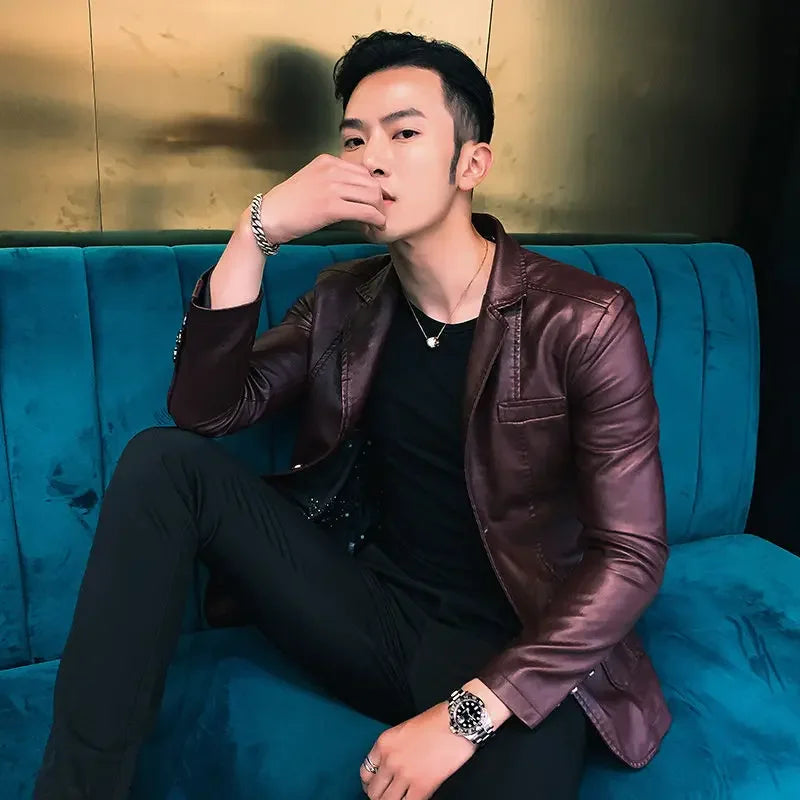 Korean Style Leather Blazer Single Breasted Men's Suit Designer Jackets
