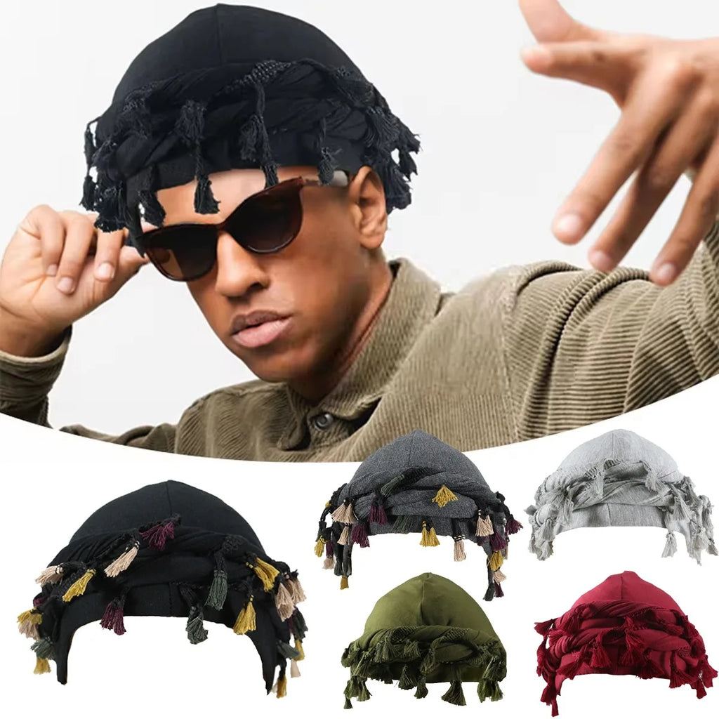 Men Burr Trim Twisted Tail Fringe Turban Solid Color Kerchief Beanies