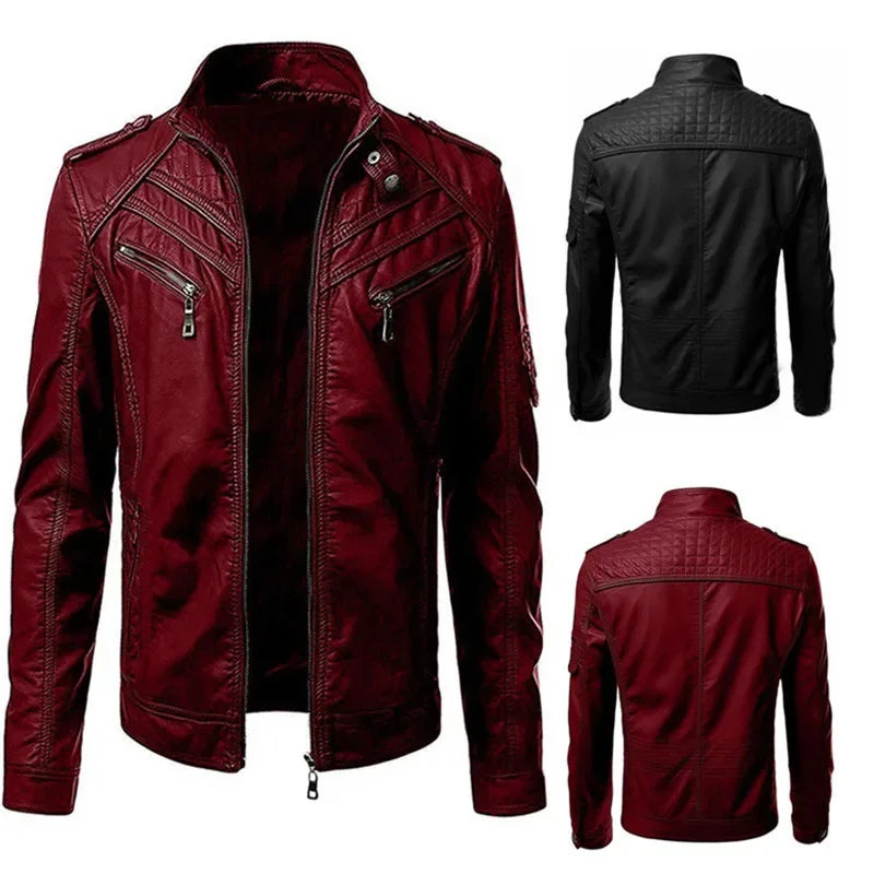 High-end leather coat western solid color handsome stand-up collar jacket