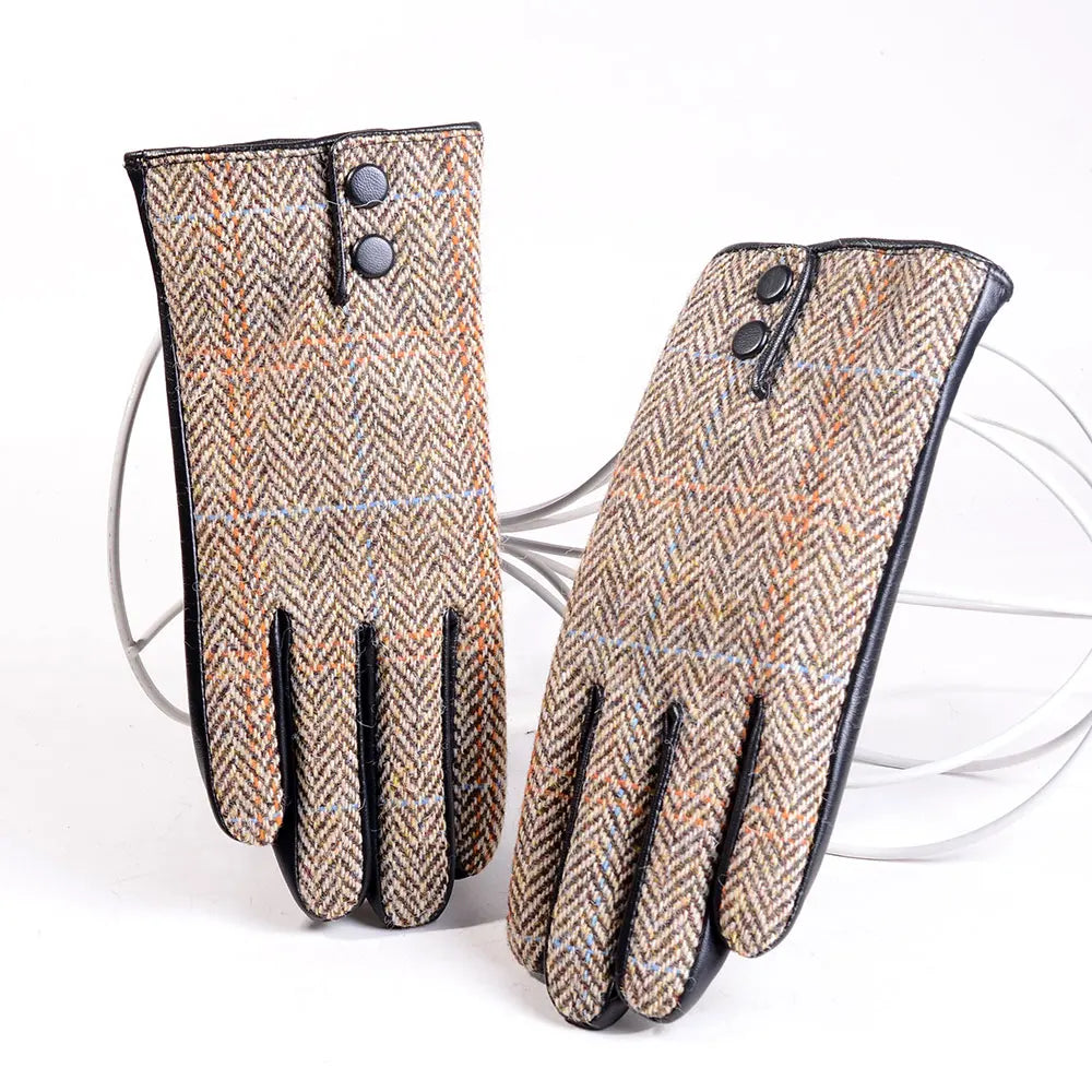 Men's Male Wool Tweed & Leather Warm Thicker Lining Short Gloves