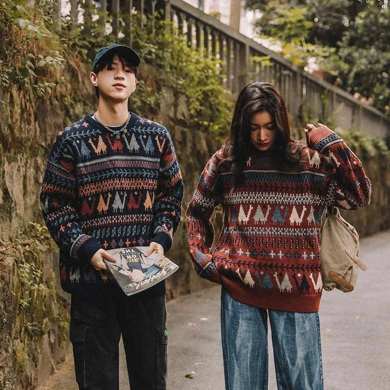 Ethnic Style Crew Neck Pullover Sweater Men Loose  Japanese Retro Thickened Outerwear