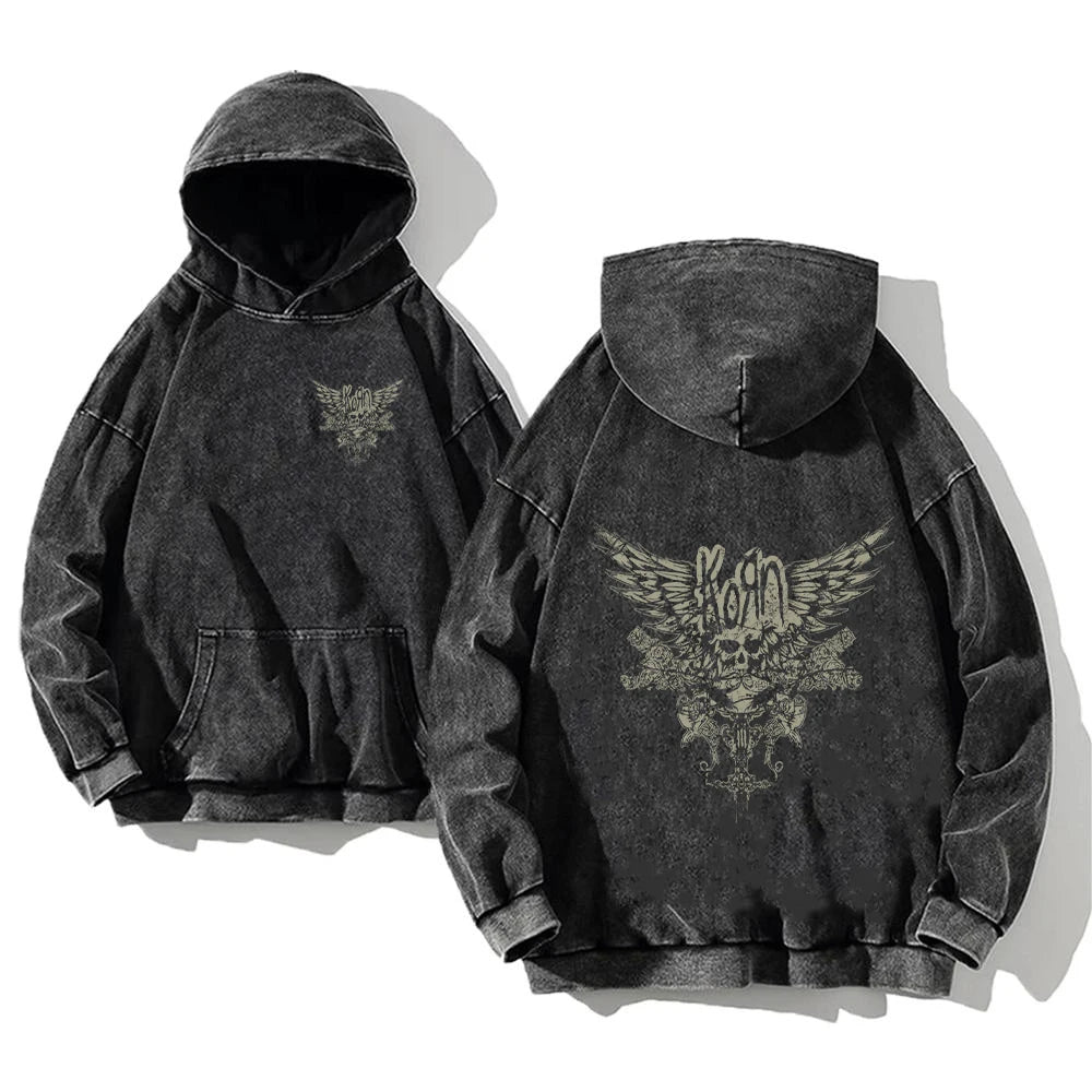 Korn World Tour Hoodies Vintage Washed Men's Sweatshirts Cotton Streetwear Hooded Pullover
