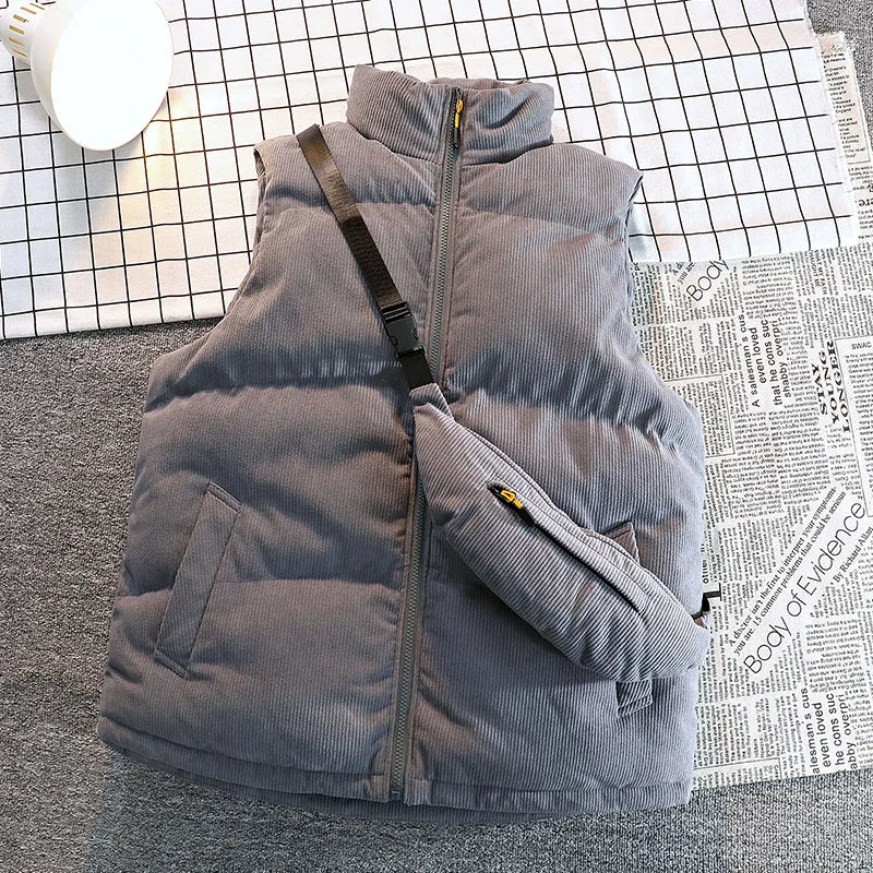 Men's Winter Big Size Vests Solid Cotton Waistcoat Puffer with Bag