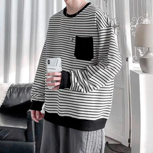 Men Striped Streetwear Oversize T-shirt Japanese Style Long Sleeve Cotton Tops