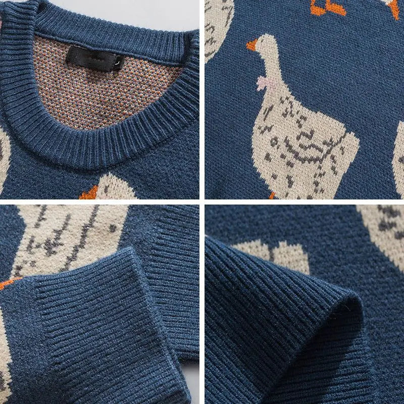 Cartoon Duck Goose Print Knitted Sweater Men Pullover O-Neck Oversize Streetwear