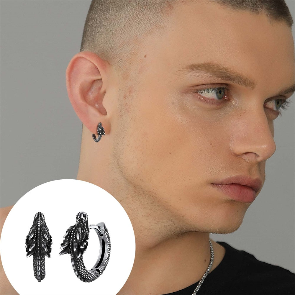 Stainless Steel Dragon Hoop Earring for Man Hypoallergenic 18K Gold