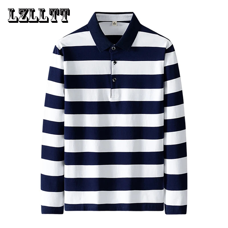 Men Cotton Long Sleeve Stripe Embroidery Casual Polo Shirt