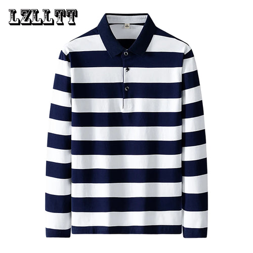 Men Cotton Long Sleeve Stripe Embroidery Casual Polo Shirt