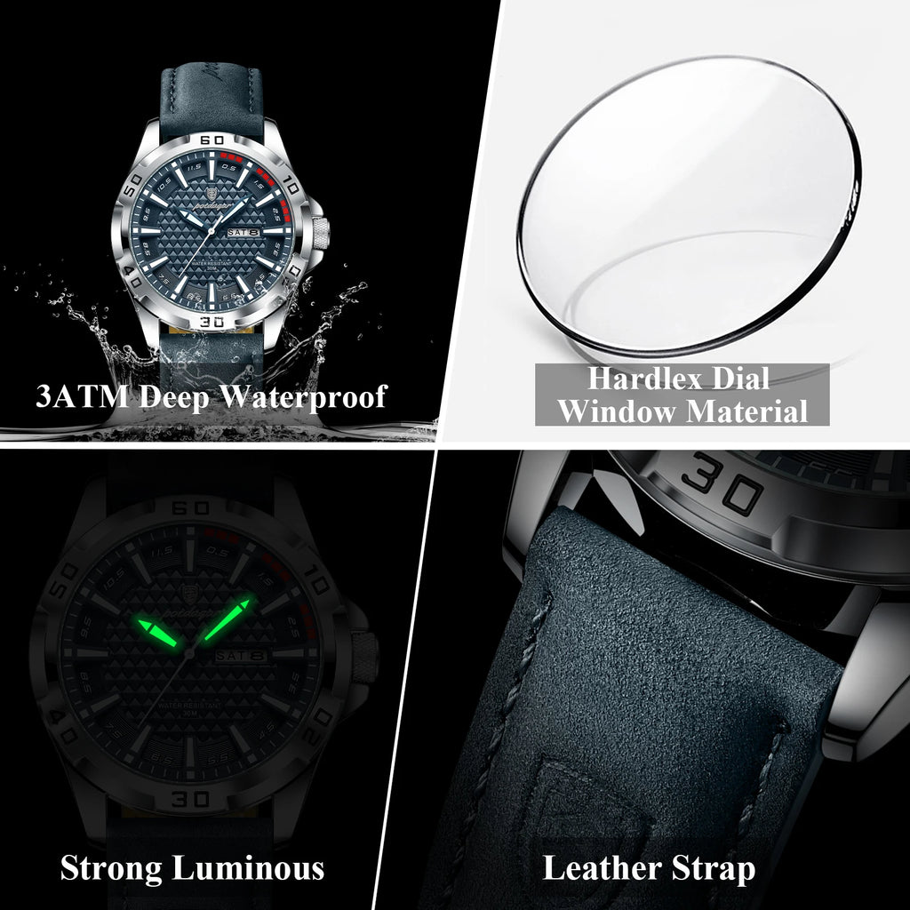 Luxury Waterproof Luminous Date Week Watch Quartz Sport Leather Men's Watches