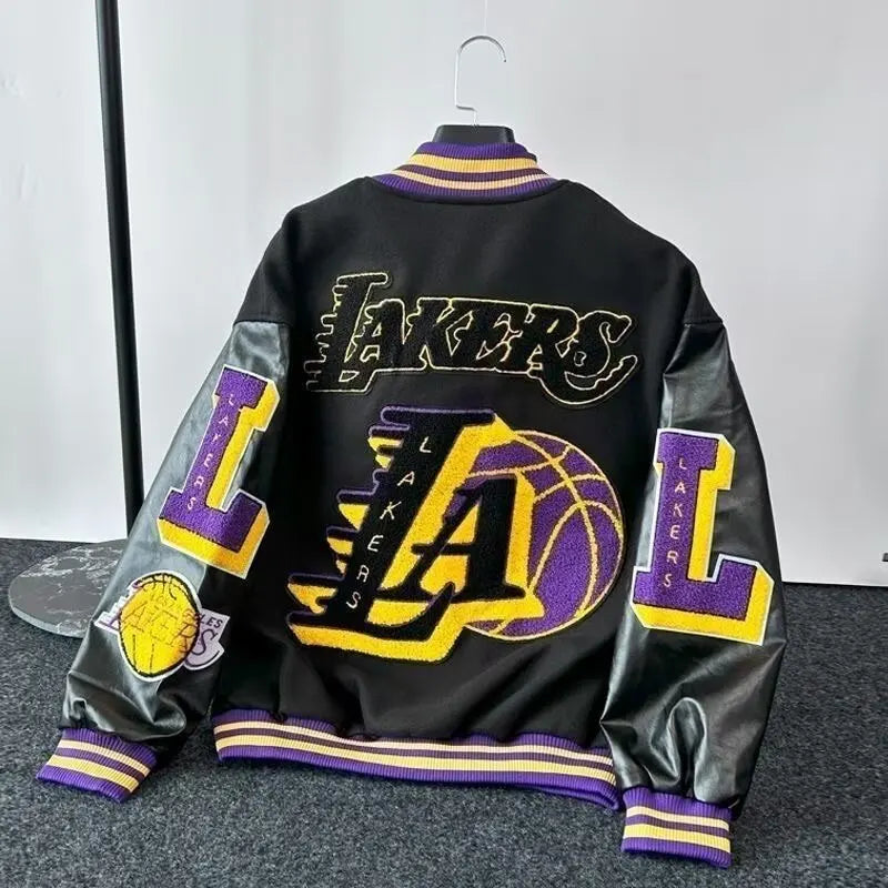 Men's LA Lakers print Jacket Loose Fit Patchwork Casual Jacket