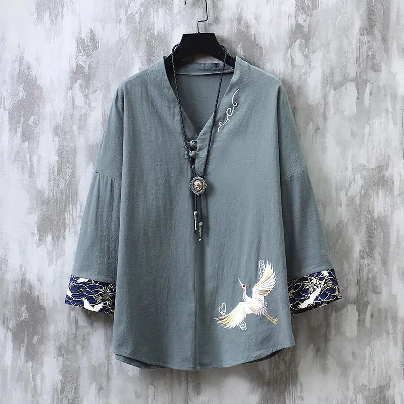 Chinese style short sleeved shirt men loose wushu retro elegant embroidery cotton linen top