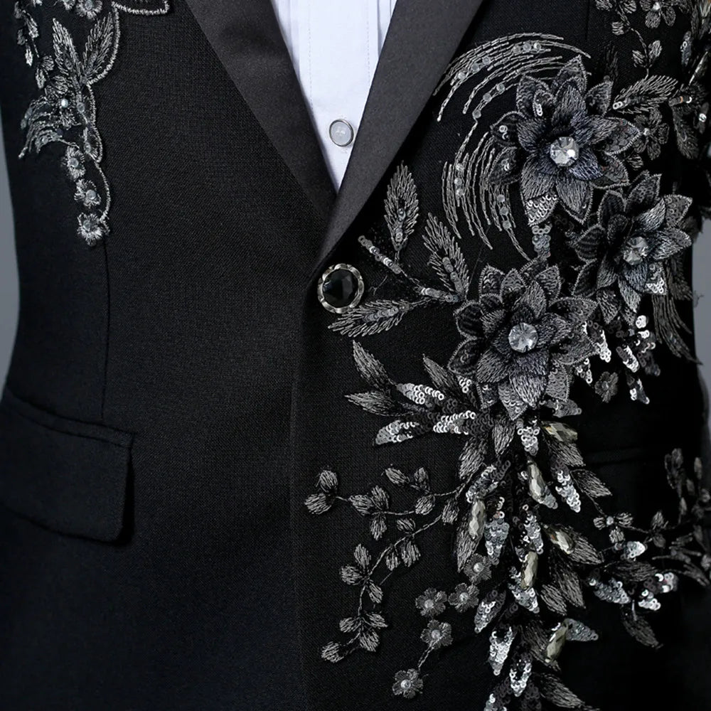 Elegant Appliqued Two-piece Men's Suit Blazer Chinese Style