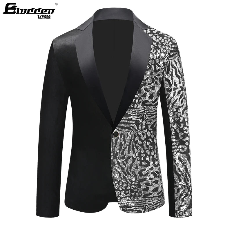 Single Breasted Leopard Sequins Jacket Men Blazer Men's Sequins Suit