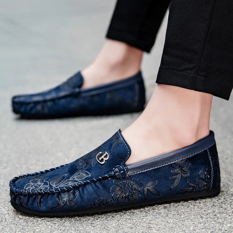 Rose Print Loafers Flats High Quality Suede Casual Shoes For Man