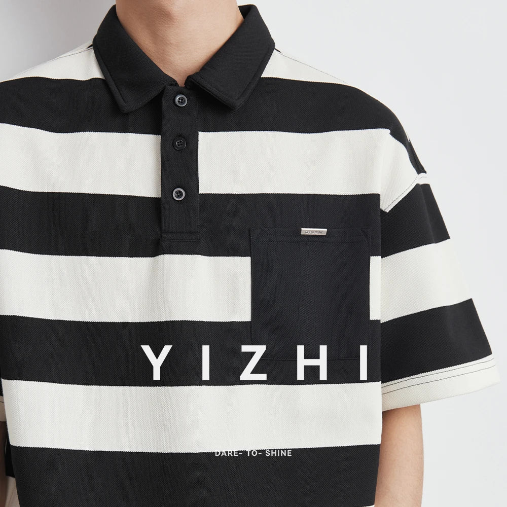 Korean Retro Striped Color Blocked Short Sleeved Men's Trend Loose And Versatile Polo Shirt