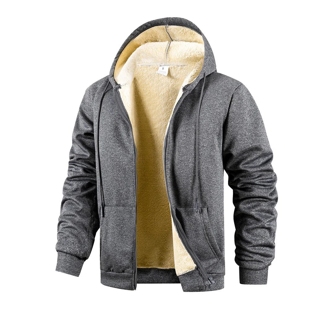 Men's Thickened Fleece Lining Warm Jackets Cardigan  Zip Up Hooded Jackets