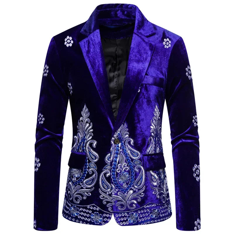 Floral Embroidery Luxury Velvet Formal Slim Fit Single Button Men's Suit Jacket