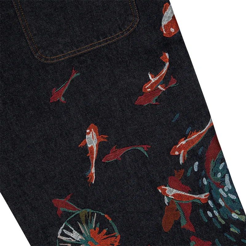 Loose Comfortable Jeans Vibrant Koi Fish Lotus Embroidery Chinese Wide Leg Jeans Men Streetwear