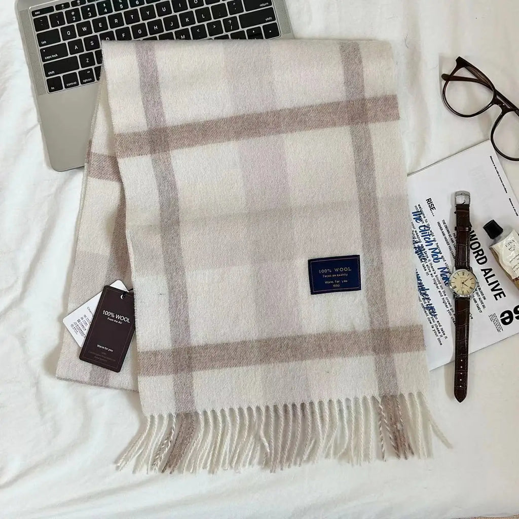 Men 100% Wool Plaid Muffler Cashmere Windproof Stripe Tassel Shaw Thick Scarf