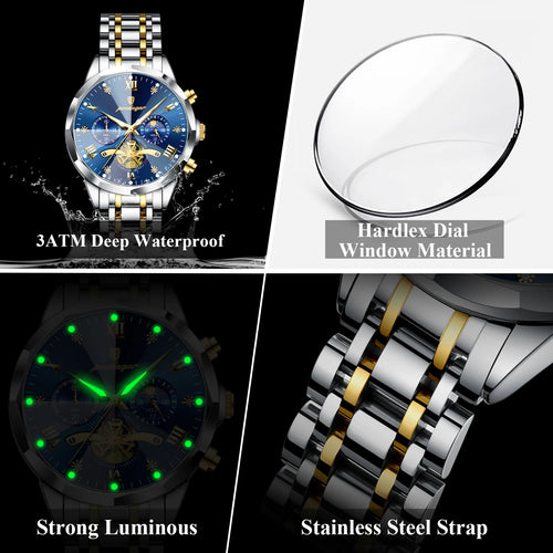 Luxury Waterproof Luminous Chronograph Wristwatch Stainless Steel Quartz Men's Watches