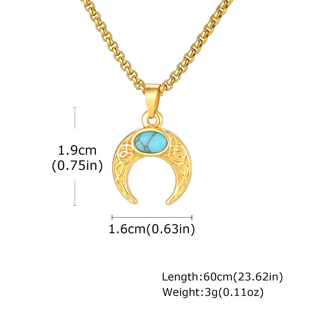 Vintage Moon Necklace for Men Natural Stone Stainless Steel Pendant Jewelry
