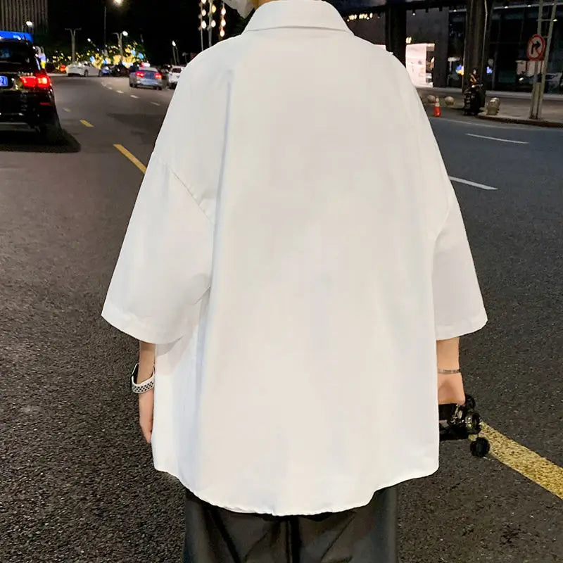 Japanese Men's Splicing Square Collar Button Letters Loose Casual Shirts