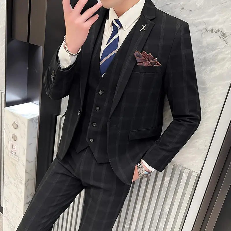 Men's British Three-piece Set Slim Fit Suit Vest Trousers Ensemble Handsome All-in-one