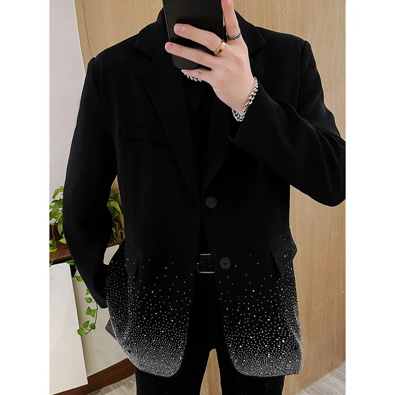 Full Diamonds High-end Men's Black Loose Blazers Trendy Male Suit Jacket