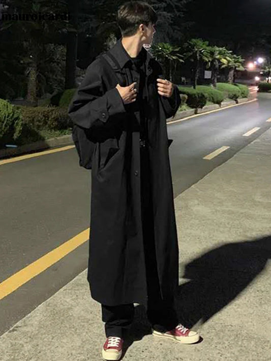 Long Oversized Trench Coat Men Raglan Sleeve Single Breasted Korean Fashion