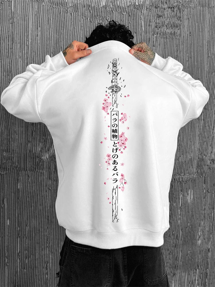 Men's Cherry Blossom and Chinese-character Printed Loose Sweatshirt Outdoor Round Neck Pullover