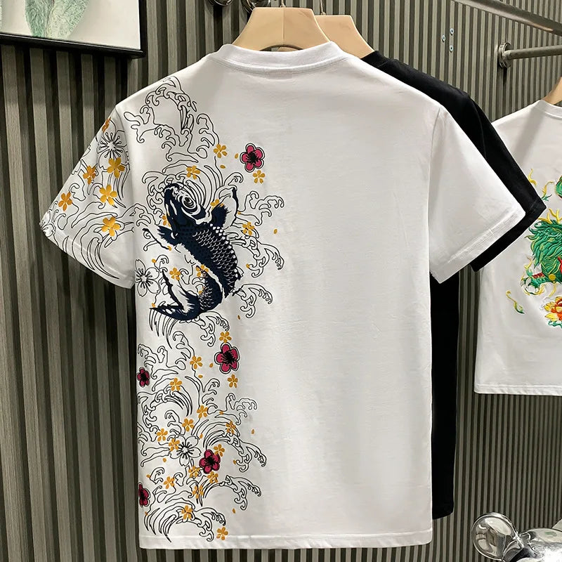 Trendy brand European-style Chinese koi short-sleeve T-shirt men's top
