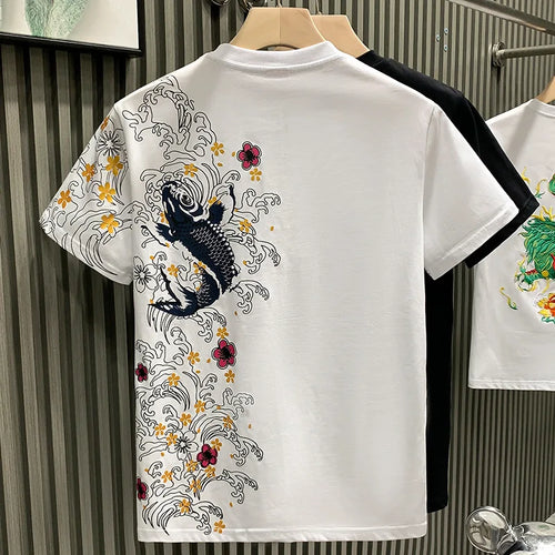 Trendy brand European-style Chinese koi short-sleeve T-shirt men's top
