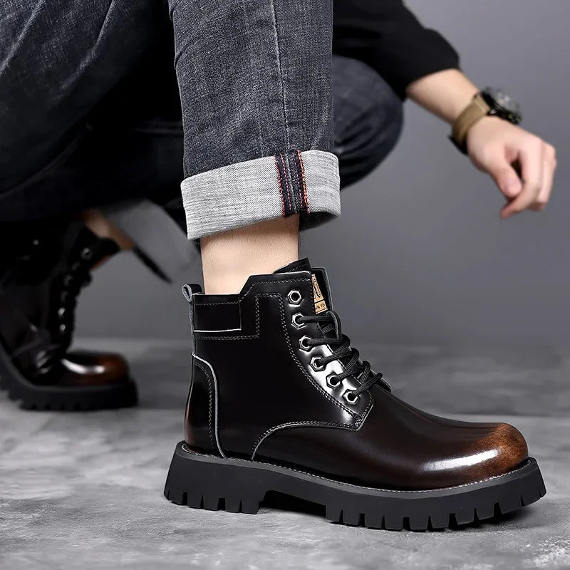 Shiny Genuine Leather Men's Platform A Men High-top Boots