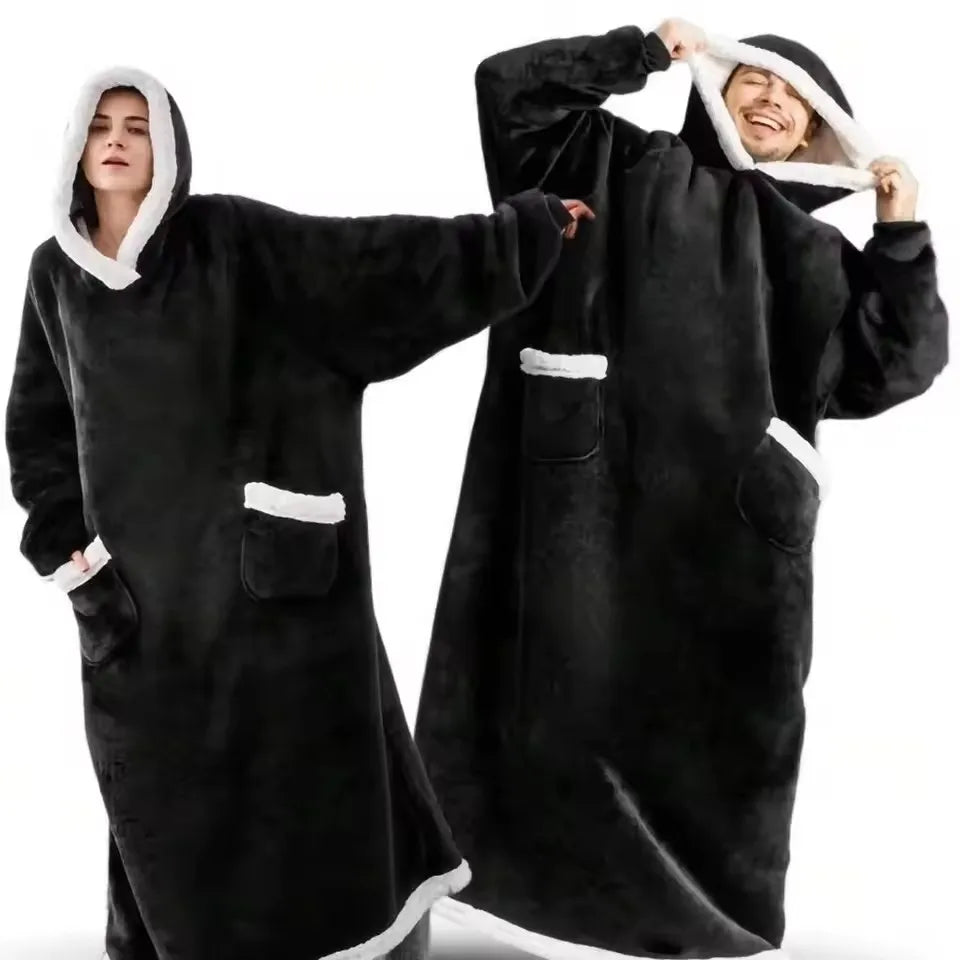 Super Long Flannel Blanket Pajamas with Sleeves Hoodies Unisex Pullover