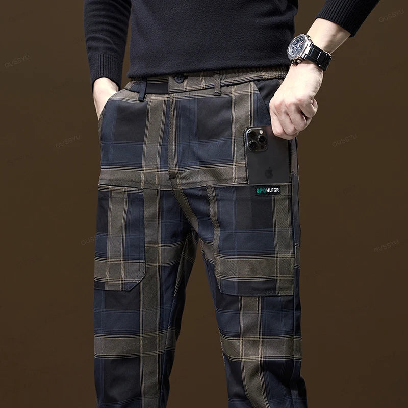 Luxury Plaid Casual Men Elastic Waist Slim Fit Korean Long Trousers