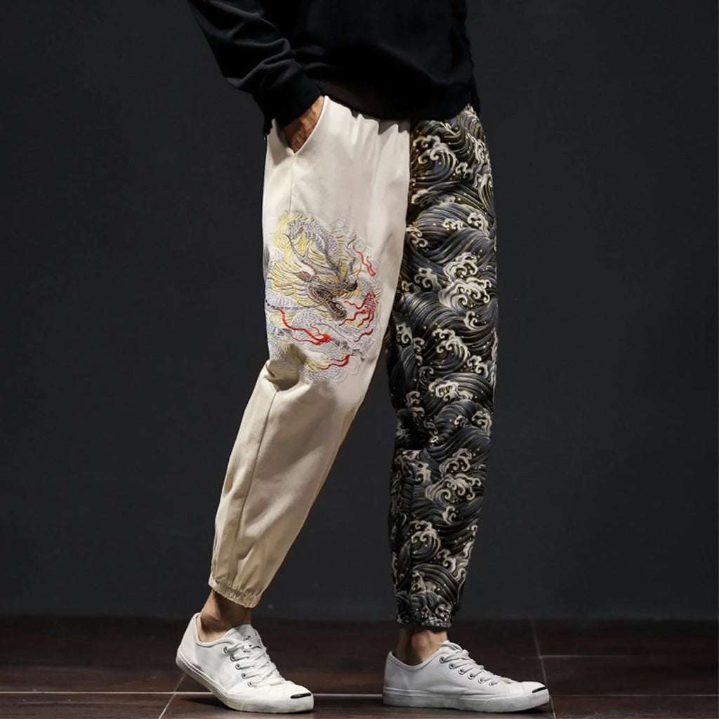 Flat Front Loose Men's Japanese Retro Embroidered Casual Trousers