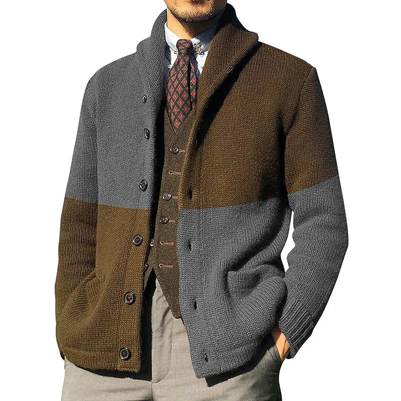 Men's Color Block Knit Cardigan, Button Front Open Sweater, Loose Fit Casual No Hood