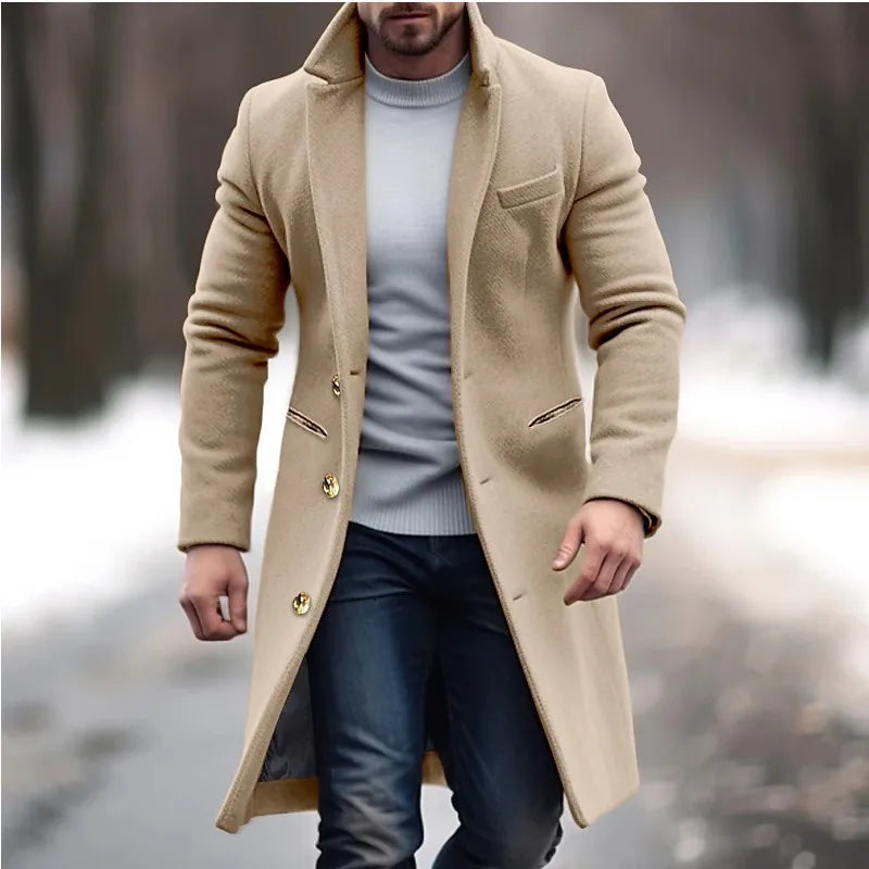 Men Elegant Woolen Jacket with Lapel Pockets Slim Solid Color Collar Trench Coat