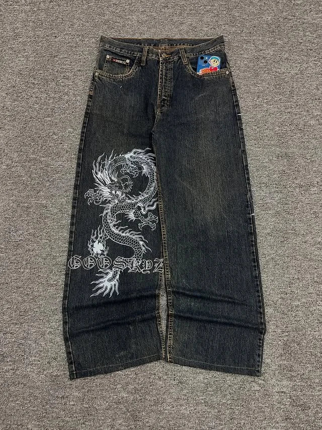 Dragon Print Men's Baggy Fit Jeans High Street  Casual Trendy Streetwear