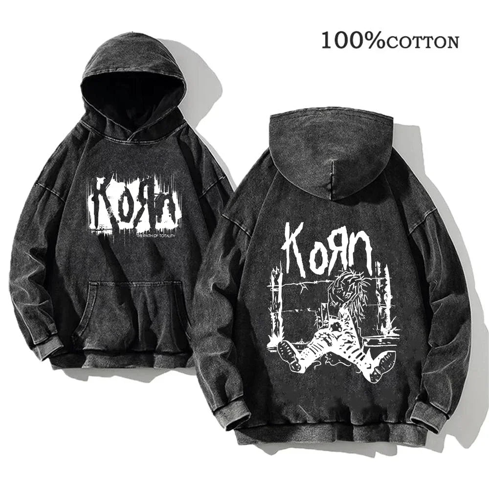 Korn World Tour Hoodies Vintage Washed Men's Sweatshirts Cotton Streetwear Hooded Pullover