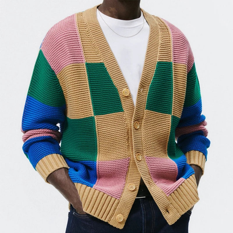 Vintage Patchwork Men Cardigan Single Breasted V Neck Knit Color Block Sweaters