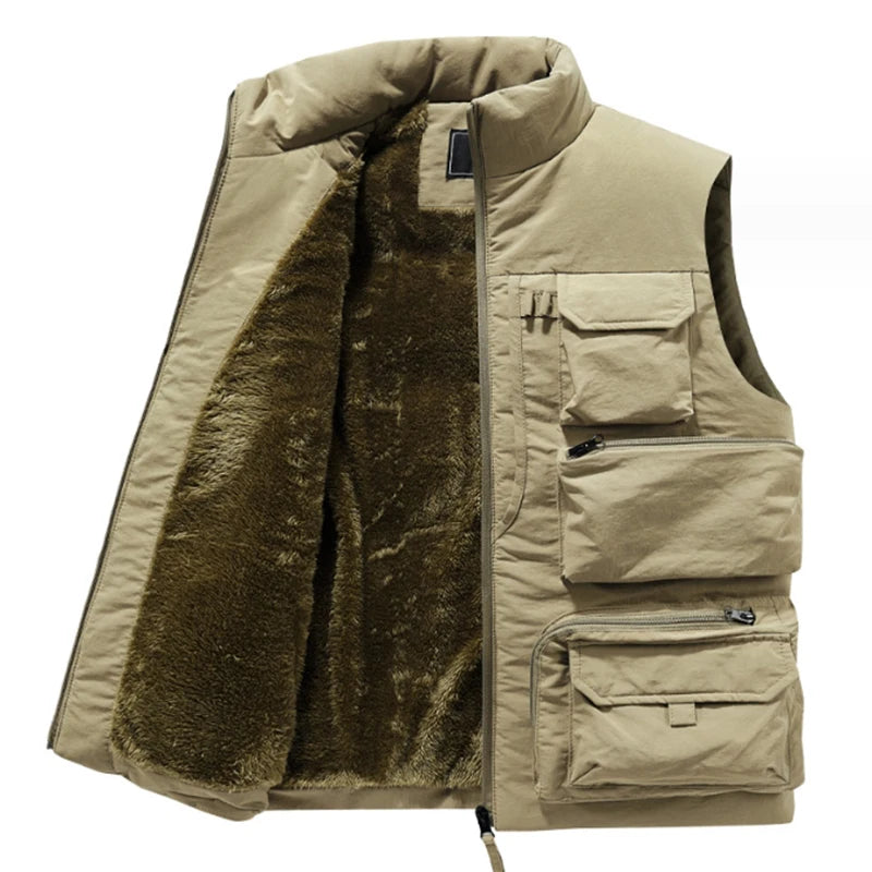 Cargo Vest Thick Fleece Warm Solid Color Tactical Men Waistcoat
