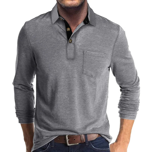 Men's Long Sleeve Casual Solid Lapel Button Up Turn Down Collar Polo Shirt